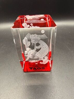 Taos Red and Clear Etched Kokopelli Glass Accent Paperweight 3D